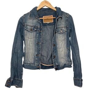 Hollister Co California Denim Jacket Blue Jean Distressed Button Front Small Y2K